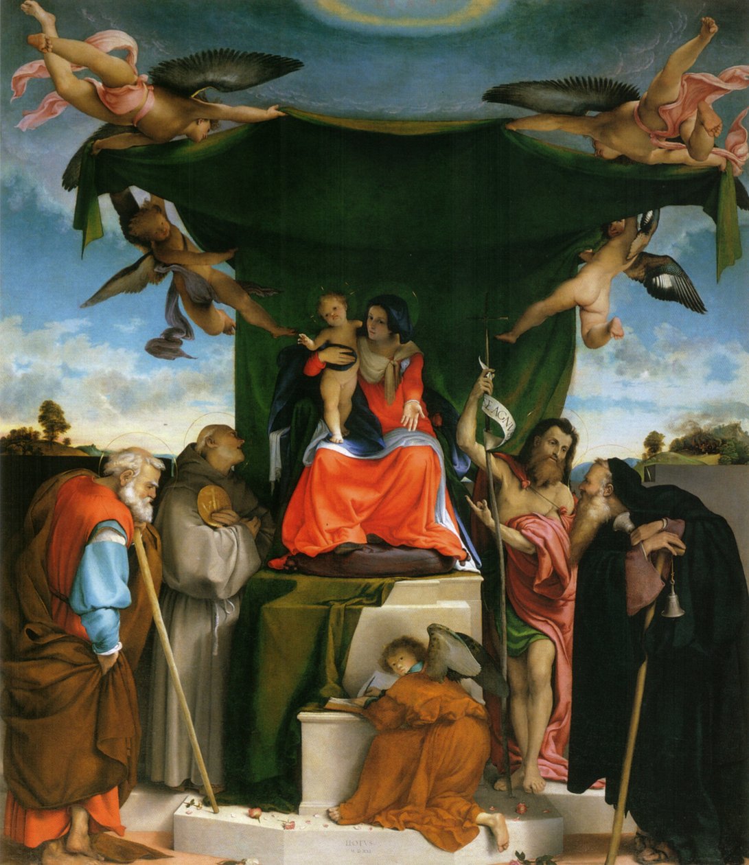 německy: Thronende Madonna, Engel und Heilige Madonna s dítětem, anděly a světci na trůně od Lorenzo Lotto