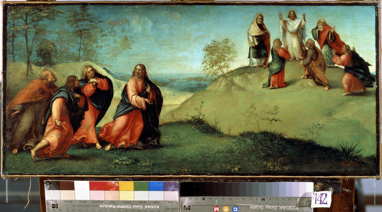 Kristus vede apoštoly na horu Tábor. Místo proměnění Krista se nachází v Izraeli. Obraz od Lorenza Lotta (1480-1556) od Lorenzo Lotto