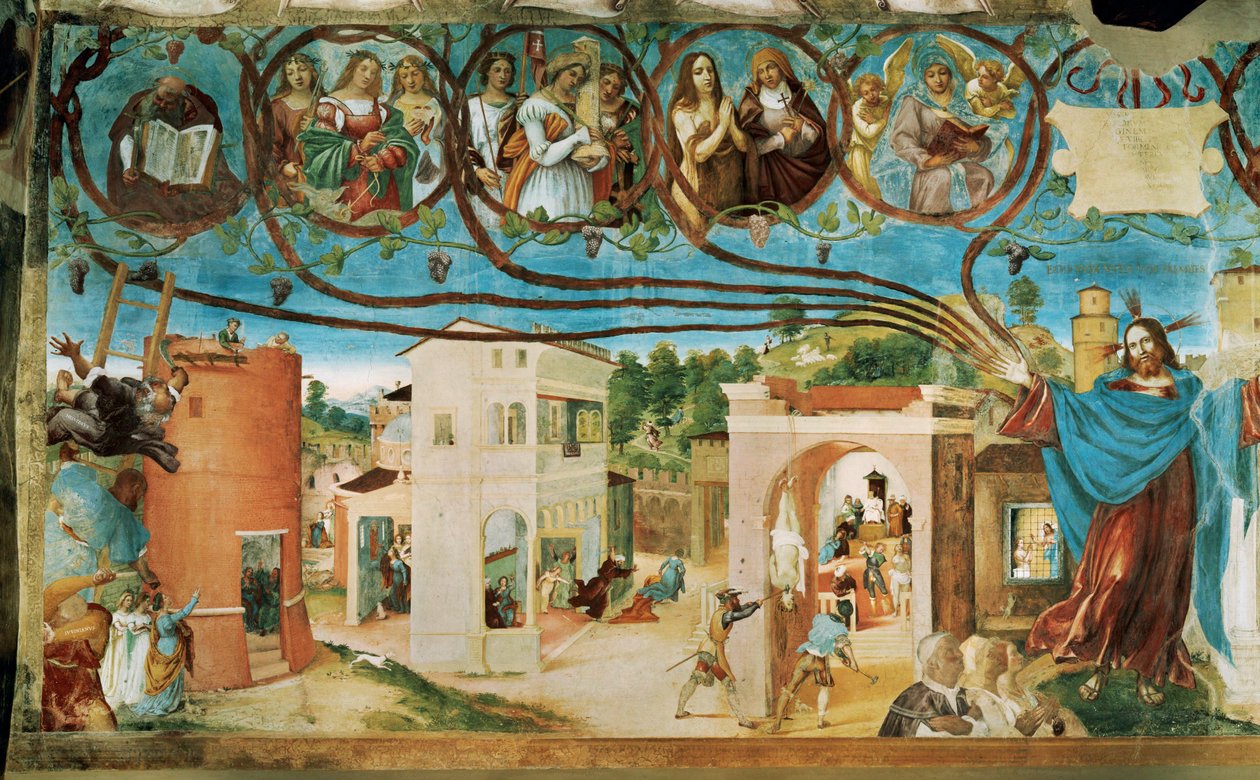 Levá strana Capella Suardi, kostel Santa Barbara v Bergamu ... (nástěnná malba) od Lorenzo Lotto