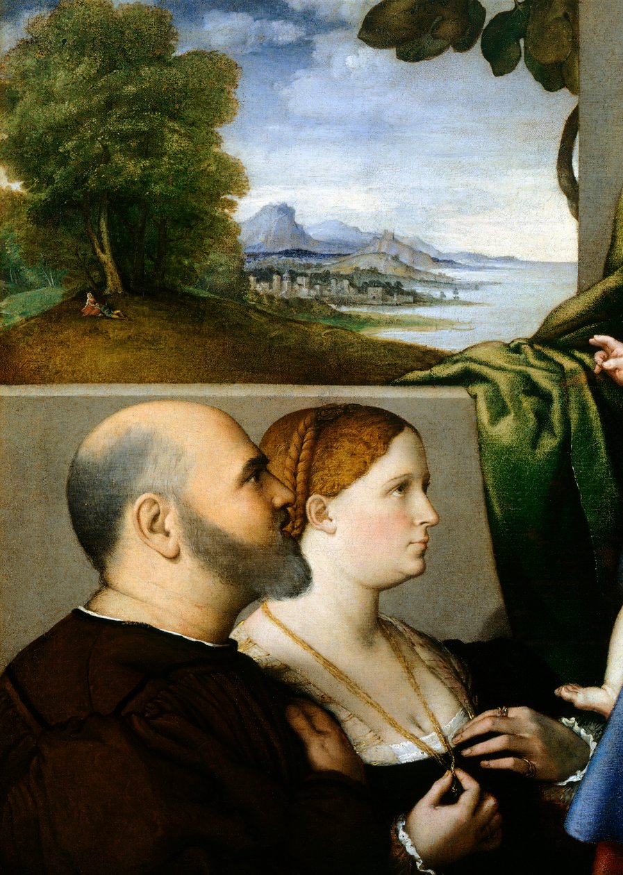 Madona a dítě se dvěma dárci, Lorenzo Lotto (1480 cca 1556), olej na plátně, 857x1155 cm, detail od Lorenzo Lotto