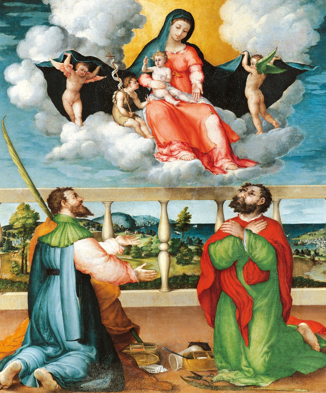 Madona ve slávě se svatými Kosmou a Damiánem v adoraci od Lorenzo Lotto