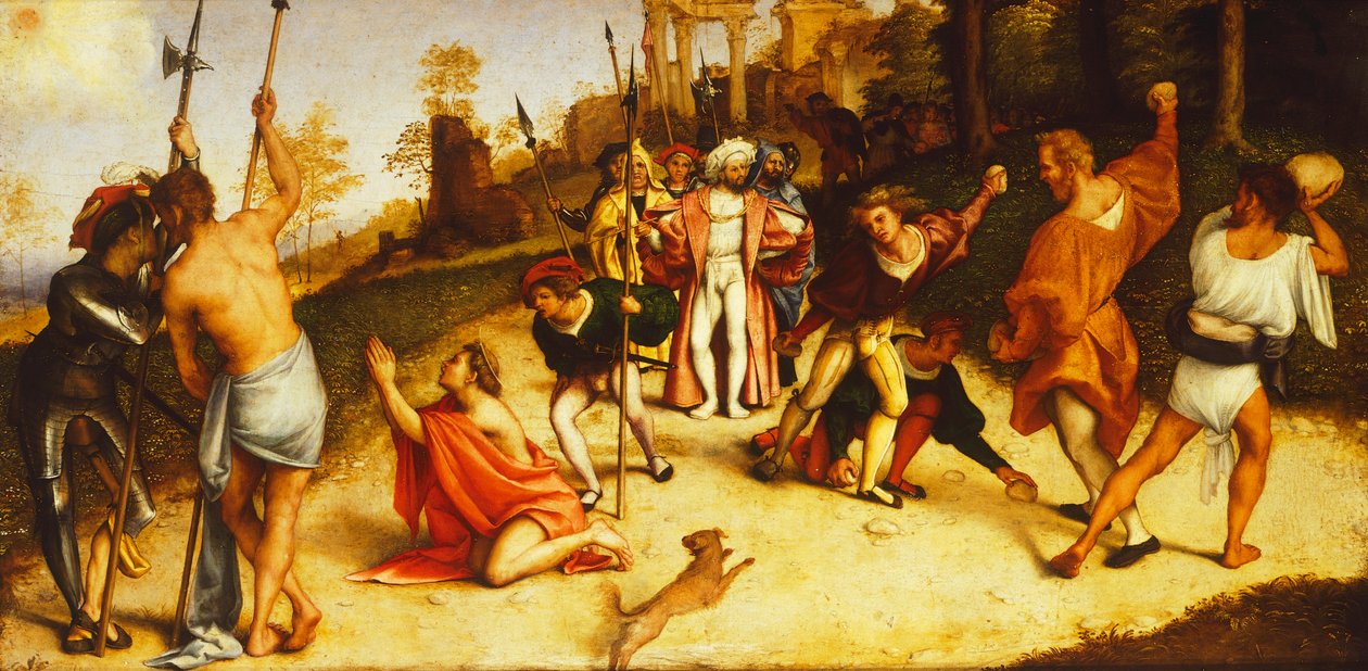 Umučení svatého Štěpána, rozdělení oltářního obrazu Martinengo od Lorenza Lotta (1480 cca 1556), olej na desce, 51x97 cm, cca 1516 od Lorenzo Lotto