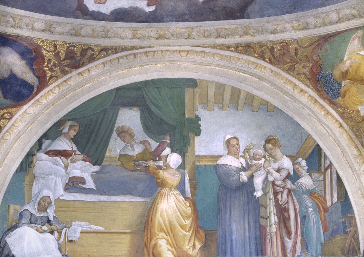 Narození Panny Marie, luneta z kaple Lotto, 1525 od Lorenzo Lotto