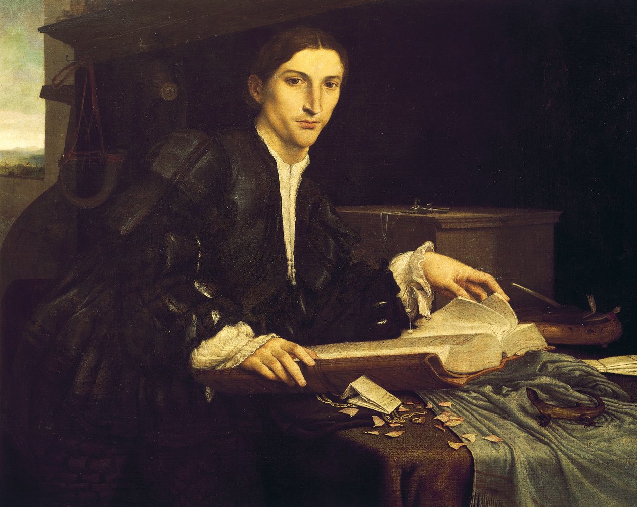 Portrét mladého gentlemana v jeho ateliéru od Lorenzo Lotto
