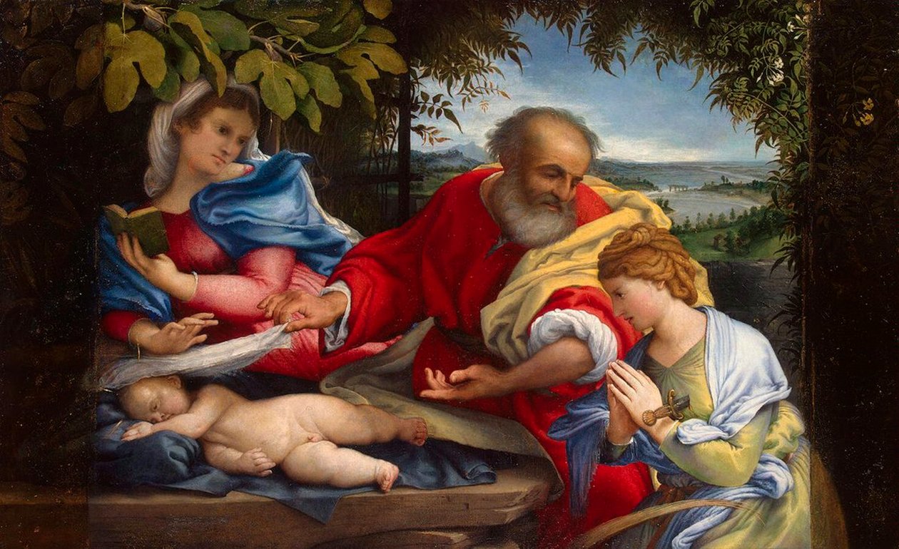 Odpočívej na útěku do Egypta se svatou Justinou, 1529. od Lorenzo Lotto