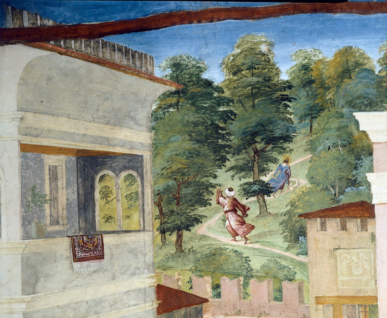 Svatá Barbora pronásledovaná lesem, Kristus-víno a legenda o svaté Barboře, Lorenzo Lotto (asi 1480 - 1556), freska, detail Villa Suardi, Suardi Chapel, Trescore Balneario, Itálie od Lorenzo Lotto