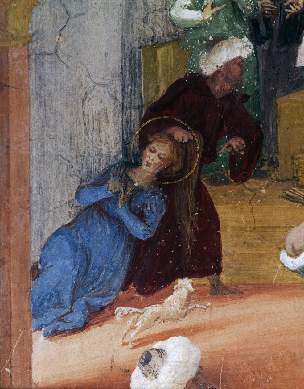 Santa Barbara je tažena za vlasy před soudcem, detail z Příběhů svaté Barbory od Lorenzo Lotto