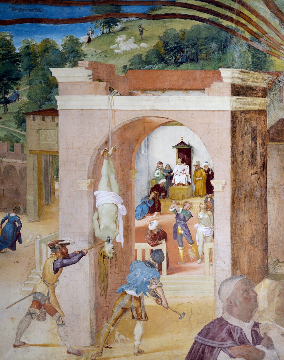 Santa Barbara stojí před soudem Marťanem, který ji nařídí mučit, detail z Příběhů svaté Barbory od Lorenzo Lotto