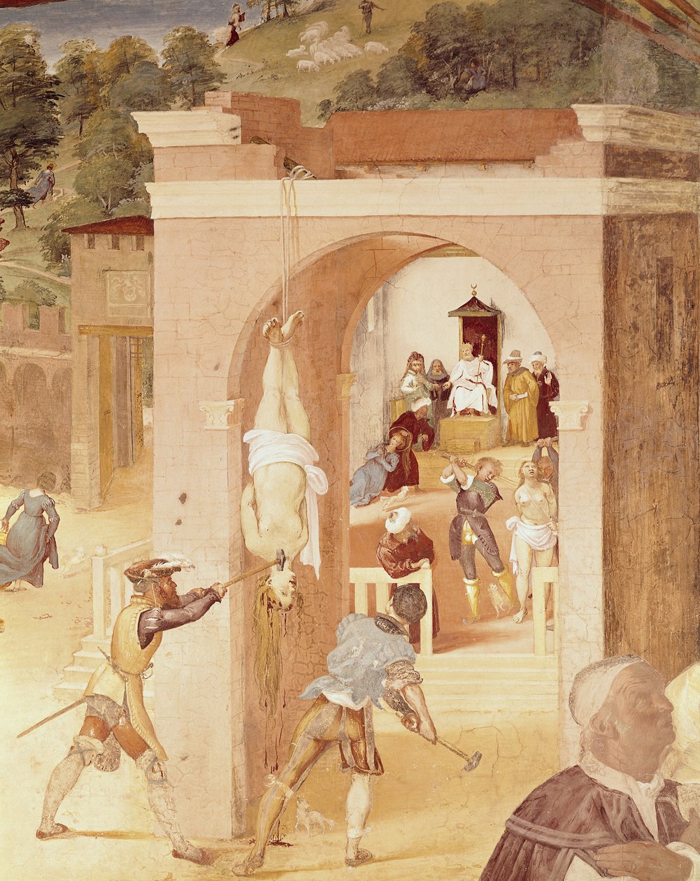 Výjevy ze života svaté Barbory, detail sv. Barbory předán římskému prelátovi Marcianovi a poté mučen, 1523-24 od Lorenzo Lotto