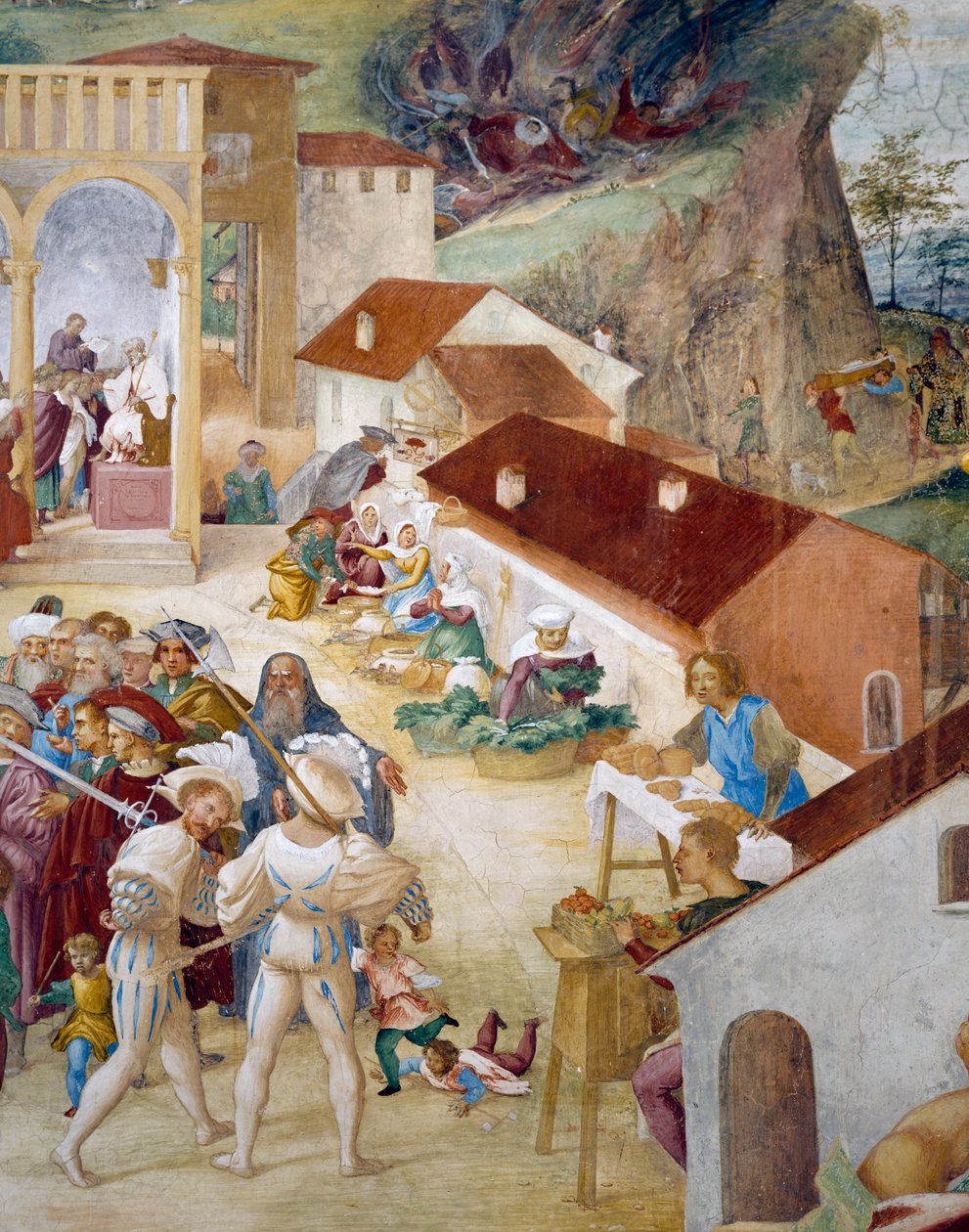 Vojáci, obyčejní lidé a trh, detail z Příběhů svaté Barbory od Lorenzo Lotto