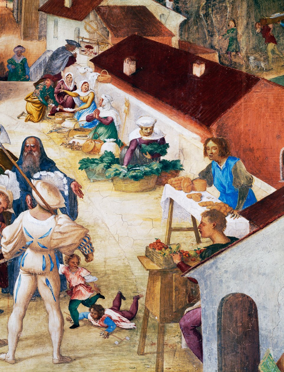 Vojáci, rolníci a trh, detail z Příběhů svaté Barbory od Lorenzo Lotto