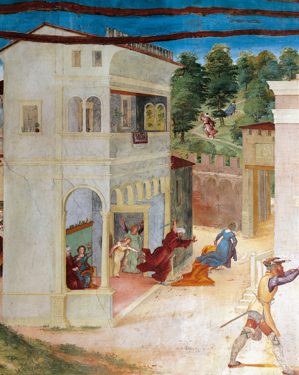 Svatá Barbora napadena svým otcem, detail z Christ-Vine a Legenda o svaté Barboře od Lorenza Lotta (cca 1480 - 1556), freska, detail, Villa Suardi, Capella Suardi, Trescore Balneario od Lorenzo Lotto