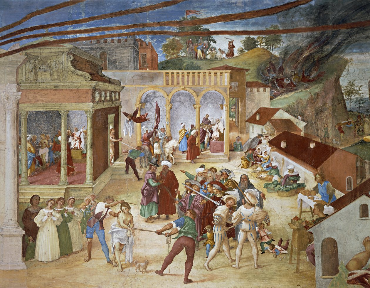 Svatá Barbora vedená ulicemi města, detail z Christ-Vine a Legenda o svaté Barboře od Lorenza Lotta (kolem 1480 - 1556), freska, detail, Villa Suardi, Capella Suardi, Trescore Balneario od Lorenzo Lotto