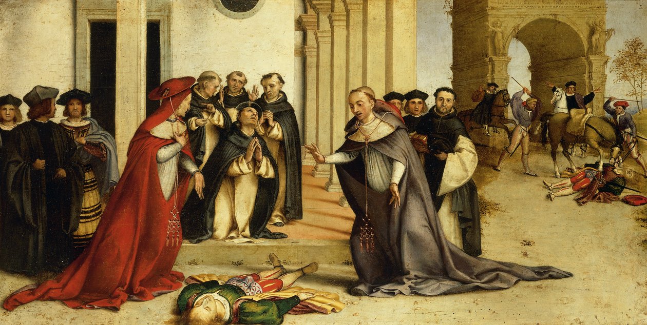 Svatý Dominik vzkřísí Napoleone Orsini od Lorenza Lotta (1480 kolem 1556), olej na panelu, 51,8 x 97,5 cm od Lorenzo Lotto