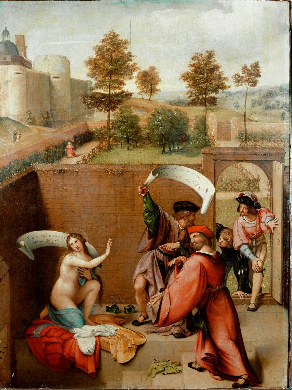Suzanne ve vaně nebo „Suzanne a starší lidé“. Postavy vládnou fykaktery nebo jsou psány jejich texty. Obraz od Lorenza Lotta (1480-1556) 1517. Galleria degli Uffizi (Kanceláře) Florencie od Lorenzo Lotto