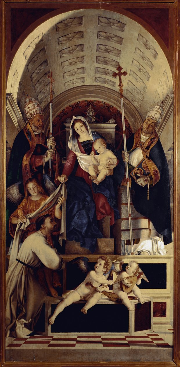 Panna s dítětem se svatým Dominikem, svatým Gregoirem a svatým Urbanem - střední část polyptického Recanati (1508, olej na dřevě) od Lorenzo Lotto