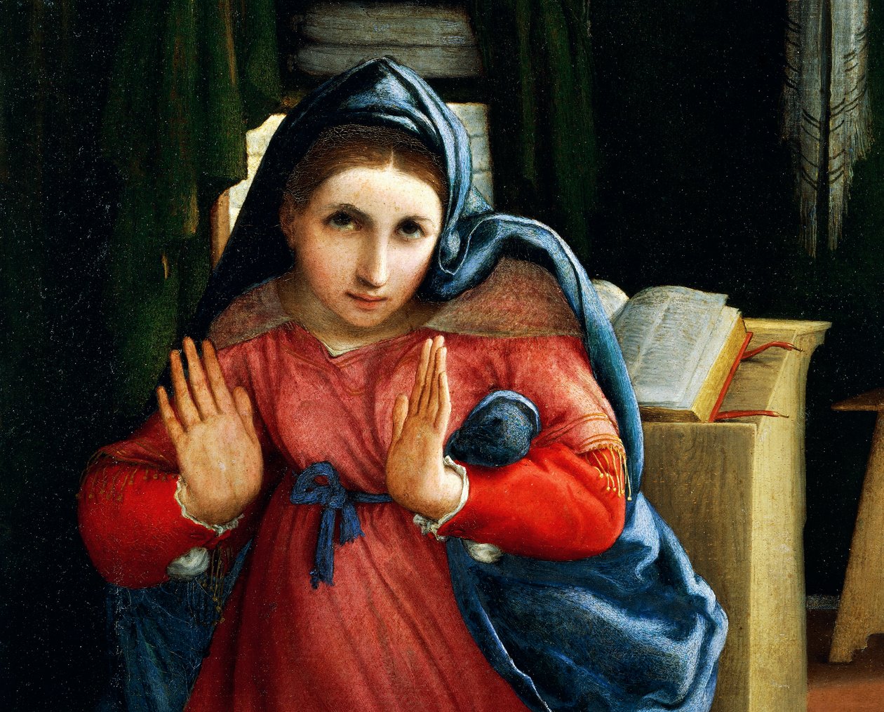 Panna oznámila, detail ze Zvěstování, cca 1434, Lorenzo Lotto (1480-1556), olej na plátně od Lorenzo Lotto