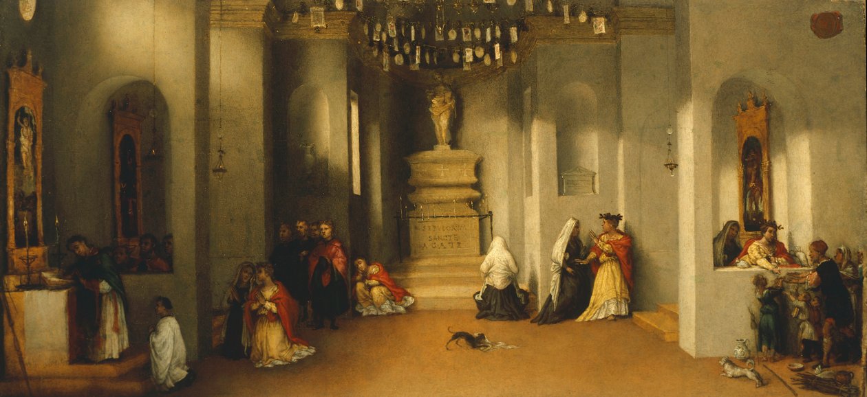 Povolání svaté Lucie, první deska predely oltářního obrazu Svaté Lucie aneb Svatá Lucie před soudcem od Lorenza Lotta (1480 cca 1556), olej na desce, 32x69 cm od Lorenzo Lotto
