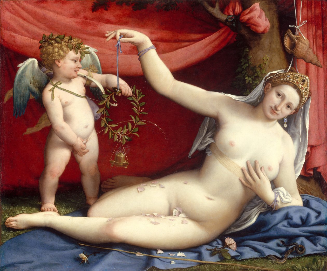 Venuše a Amor, cca 1525 (olej na plátně) od Lorenzo Lotto