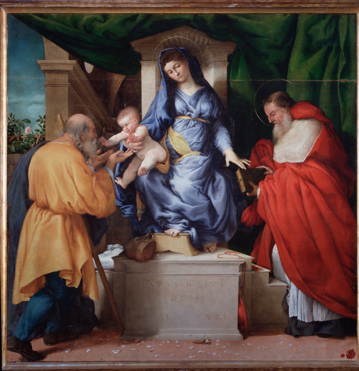 Panna s dítětem se sv. Jeronýmem a svatým Josefem (zvaná Madonna delle Rose) - Malba od Lorenzo Lotto