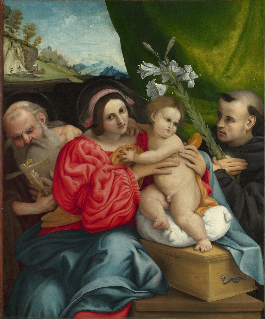 Panna s dítětem se svatými Jeronýmem a Mikulášem z Tolentina od Lorenzo Lotto