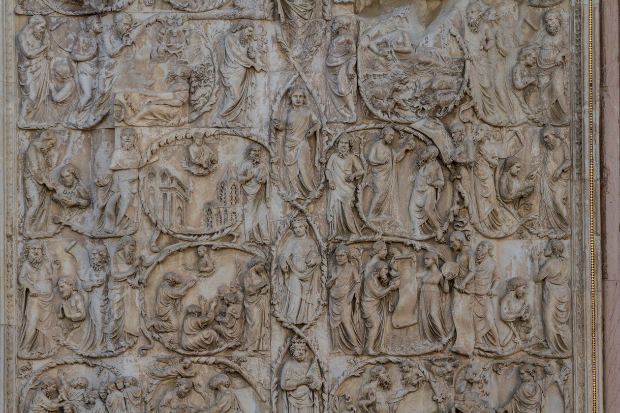 Jesseho strom a mesiášská proroctví, Příběhy Genesis, basreliéfy od Lorenza Maitaniho (před 1275-1330), druhý sloup, průčelí katedrály Orvieto, Umbrie, Itálie od Lorenzo Maitani