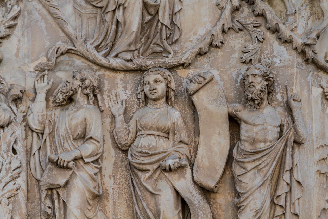Proroci, detail z Jesseho stromu a mesiášských proroctví, Příběhy Genesis, basreliéfy od Lorenza Maitaniho (před 1275-1330), druhý sloup, průčelí katedrály Orvieto, Umbrie, Itálie od Lorenzo Maitani