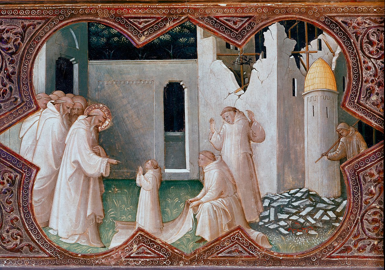Oltářní obraz korunovace Panny Marie: „Svatý Benedikt z Nursie křísí mnicha“ Detrempe na dřevě od Piera di Giovanni dit Lorenzo Monaco (1370-1424) 1413 Florencie, galerie Uffizi od Lorenzo Monaco