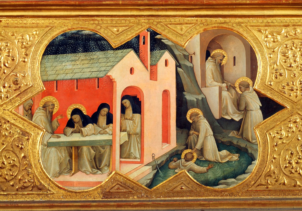 Historie sv. Bernardina a sv. Benedikta, detail predel Korunovace Panny Marie od Lorenzo Monaco