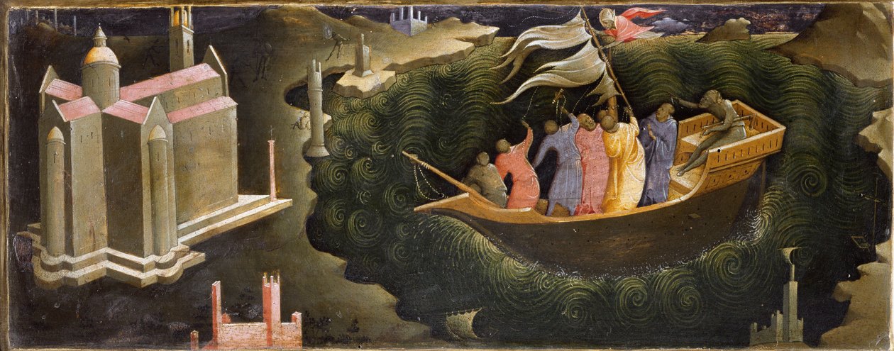 Reprezentace svatého Mikuláše uklidňujícího Tempete Nicolas de Myra (nebo Nicolas de Bari) zachraňující loď před potopením. Malba na dřevě od Lorenza Monaca (asi 1370-asi 1423/1424) Florencie, Galleria del 