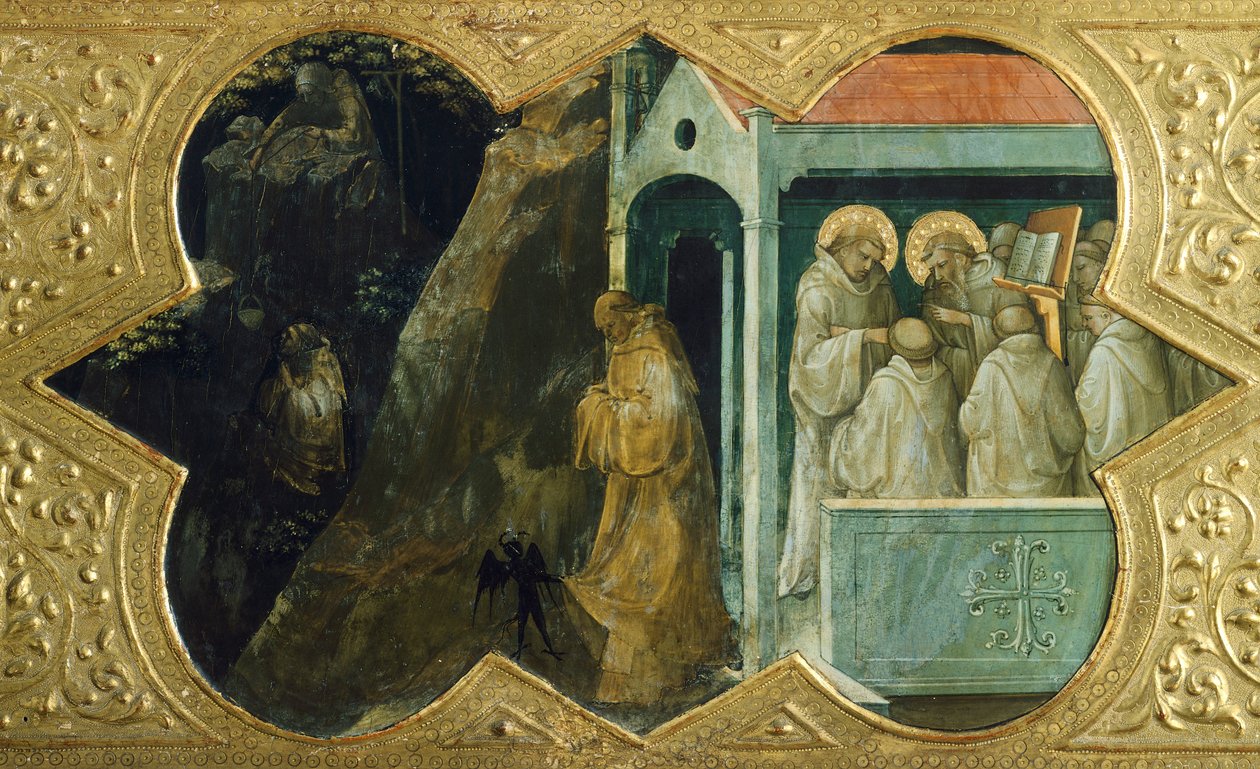 Svatý Benedikt v pokušení ďáblem a sv. Bernardinem v konzistoři, detail predely Korunovace Panny od Lorenza Monaca (1370-1423), tempera na desce, 450x350 cm, Polyptych pro hlavní oltář kláštera Santa Maria degli Angeli, Florencie od Lorenzo Monaco
