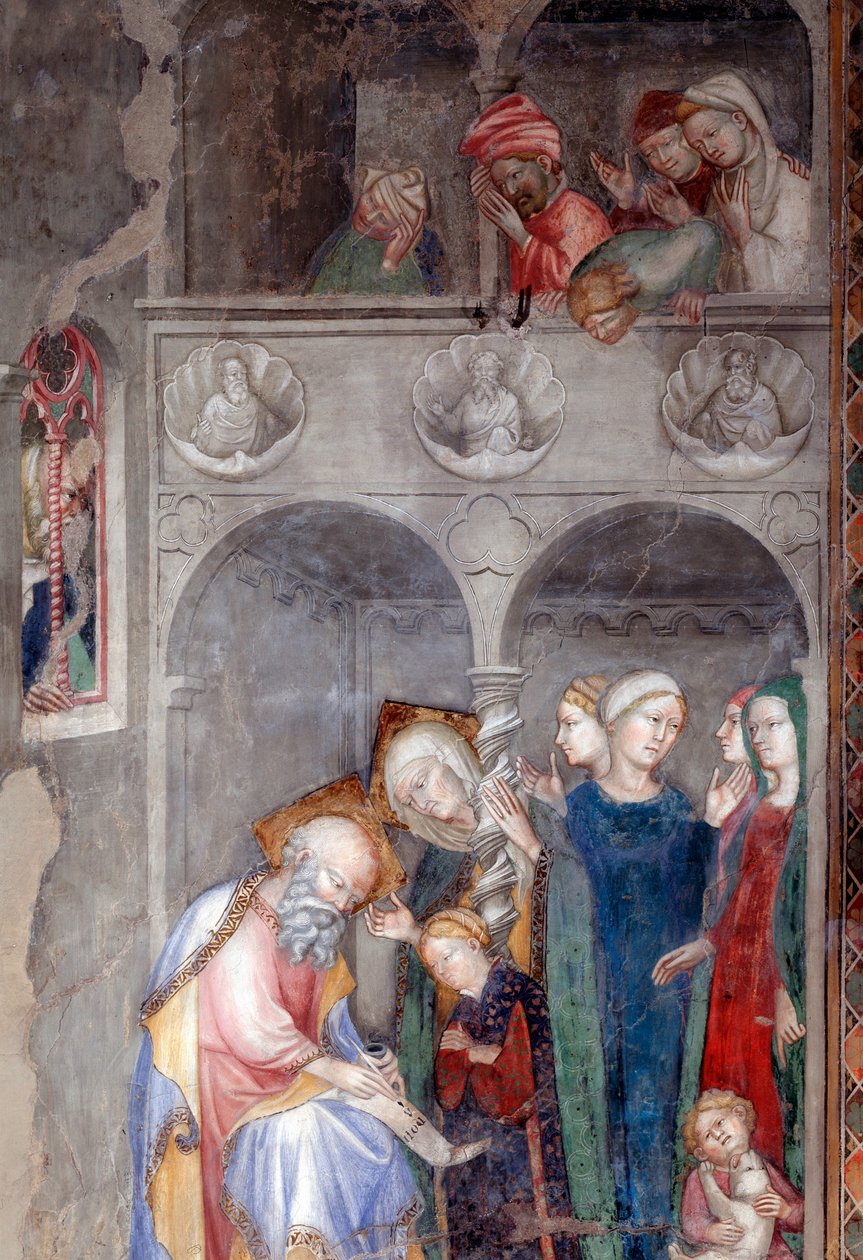 Archanděl Gabriel oznamuje narození svatého Jana Křtitele Zachariášovi a Alžbětě, detail (Freska od Lorenzo Salimbeni