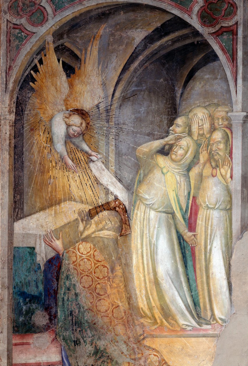 Archanděl Gabriel oznamuje příchod narození Jana Křtitele Zachariášovi, detail (Fresco od Lorenzo Salimbeni