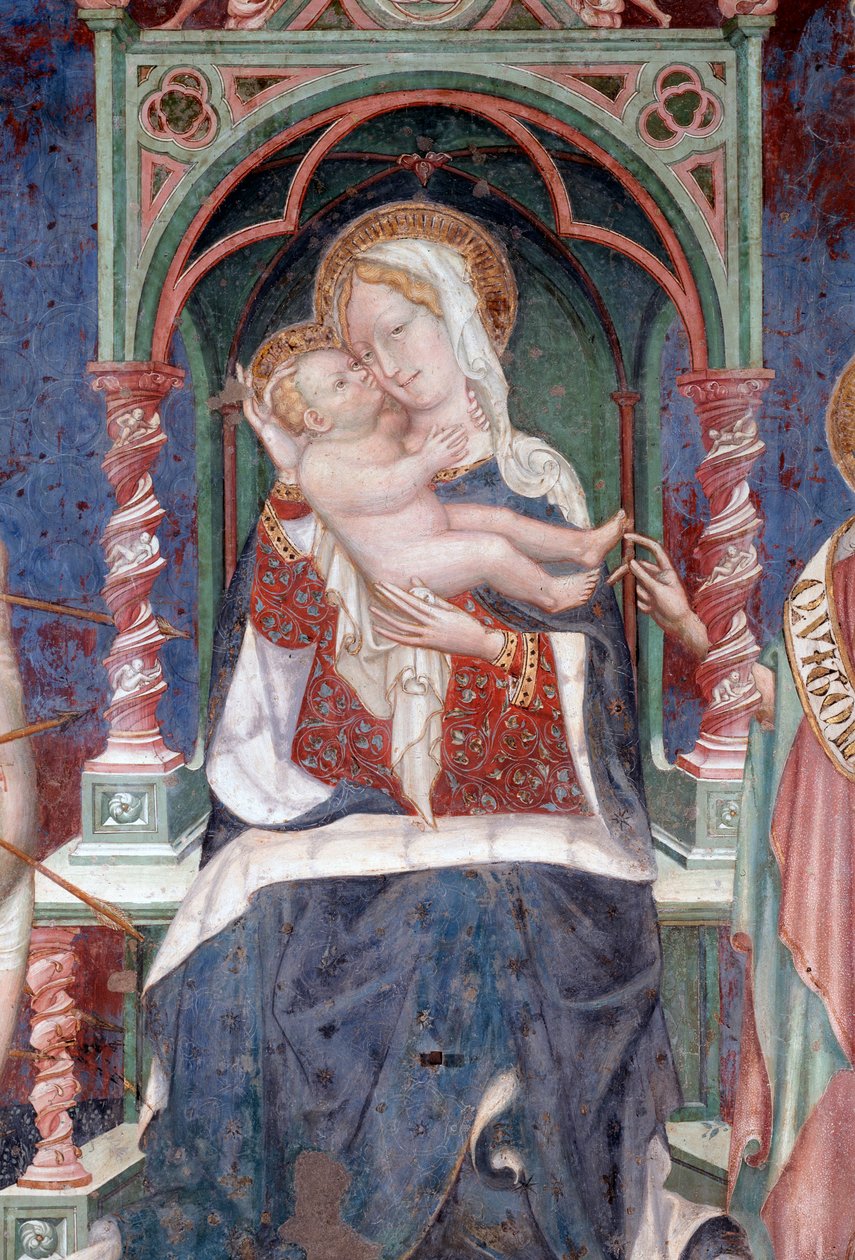 Panna s Ježíškem se svatým Janem Křtitelem a svatým Sebastianem, detail (Freska od Lorenzo Salimbeni