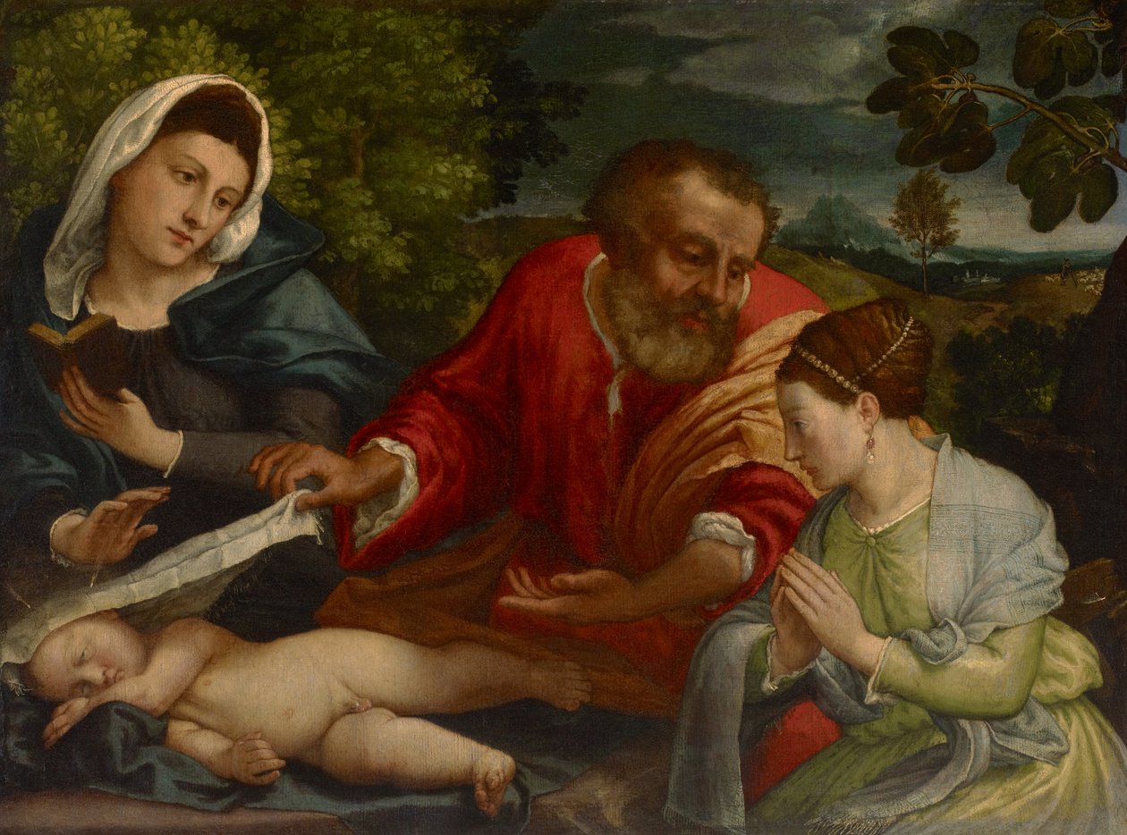 Svatá rodina s Donatrix jako svatá Kateřina Alexandrijská, kolem 1540-1545 od Lorenzo attr. to Lotto