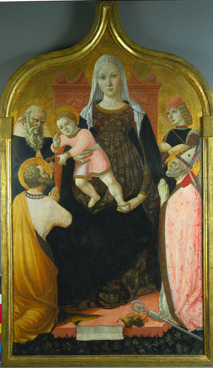 Panna a dítě, se svatými Anthony Abbottem, Markem, Severinem a Sebastianem, c. 1490-96 od Lorenzo dAlessandro da Severino II