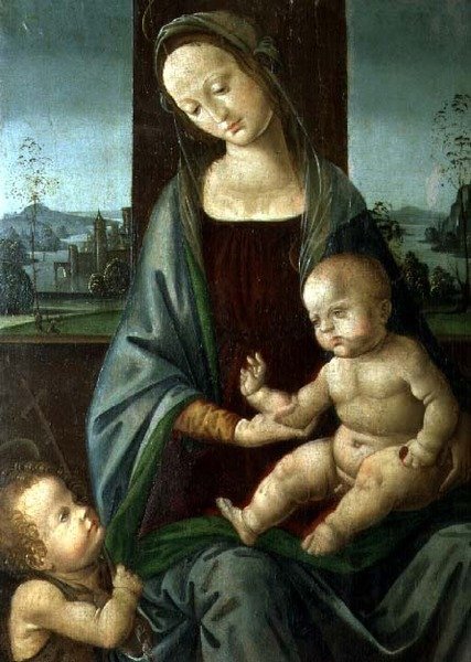 Madona a dítě s nemluvnětem sv. Jana Křtitele od Lorenzo di (workshop of) Credi