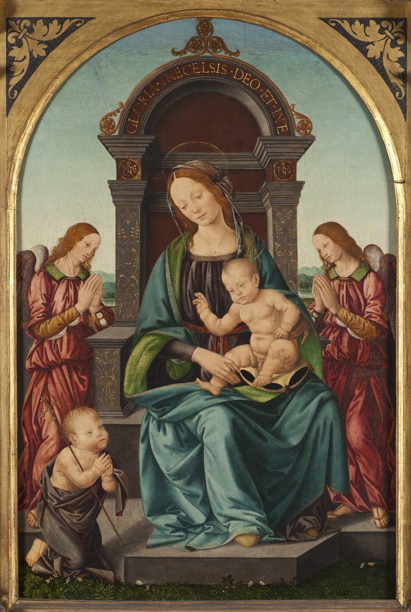 Madona s dítětem se svatým Janem Křtitelem a dvěma anděly - Madona s dítětem se svatým Janem a dvěma anděly, Lorenzo di Credi (1459-1537). Olej na dřevě. Rozměr: 66,5 x 43,5 cm. Národní muzeum Stockholm od Lorenzo di Credi