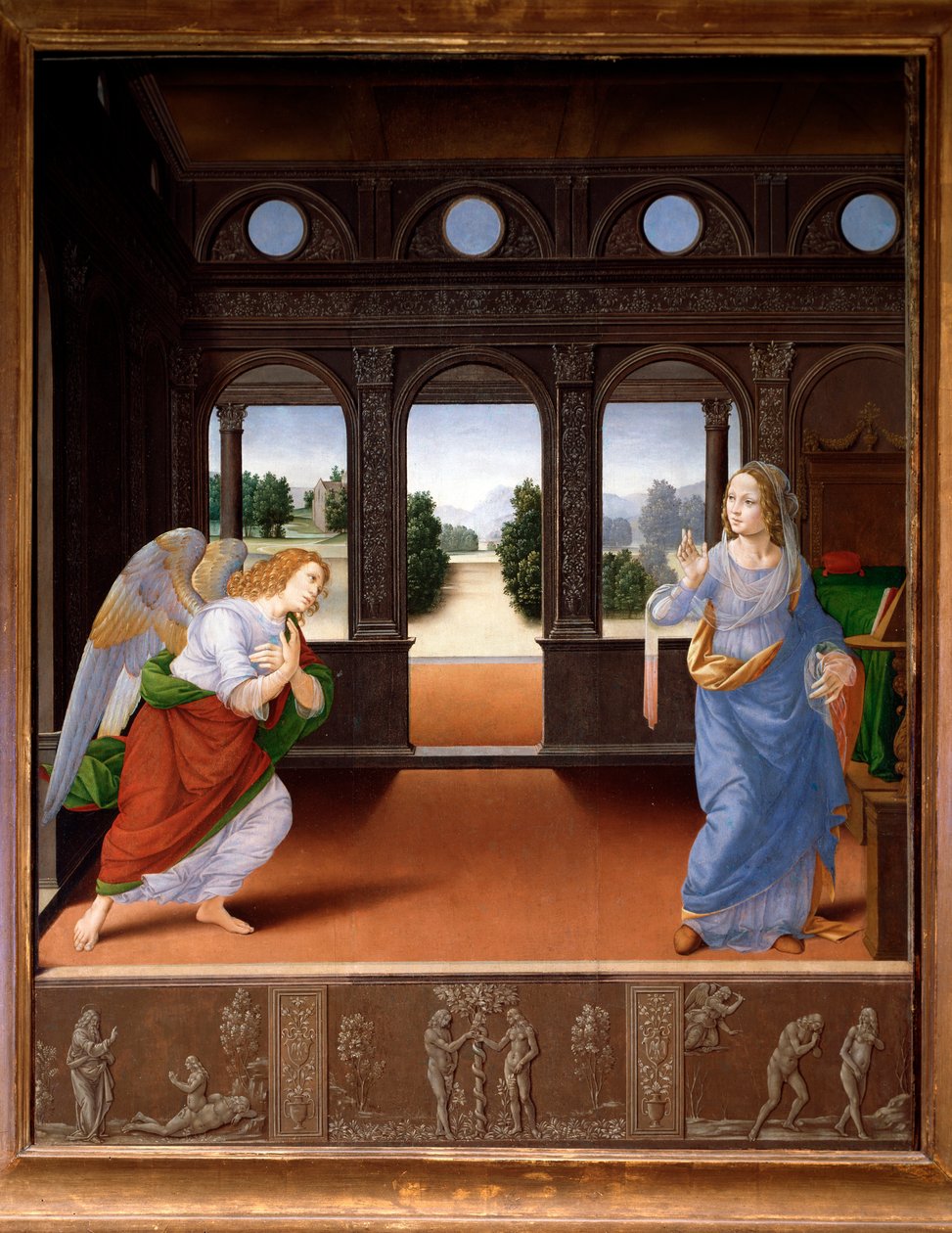 Zvěstování a příběh Adama a Evy - olej na plátně, c.1480 od Lorenzo di Credi