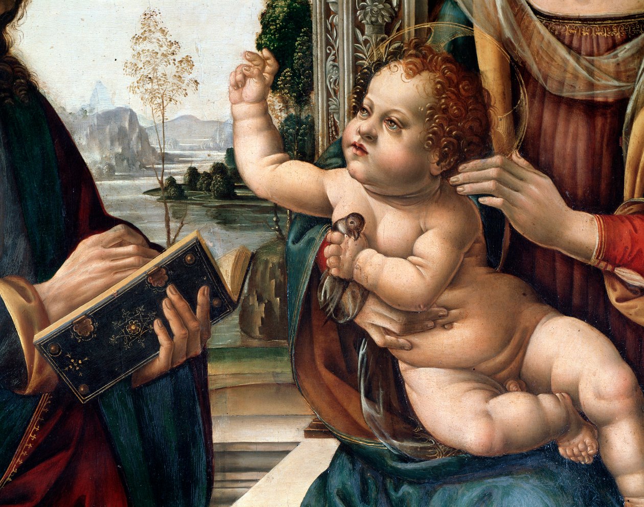 Panna s dítětem a dvěma svatými, sv. Matouš a sv. Jeroným (Panna s dítětem a dvěma svatými, sv. Matouš a sv. Jeroným) Detail malba od Lorenza di Credi (1459-1537) Florencie, kostel santo Spirito Itálie od Lorenzo di Credi