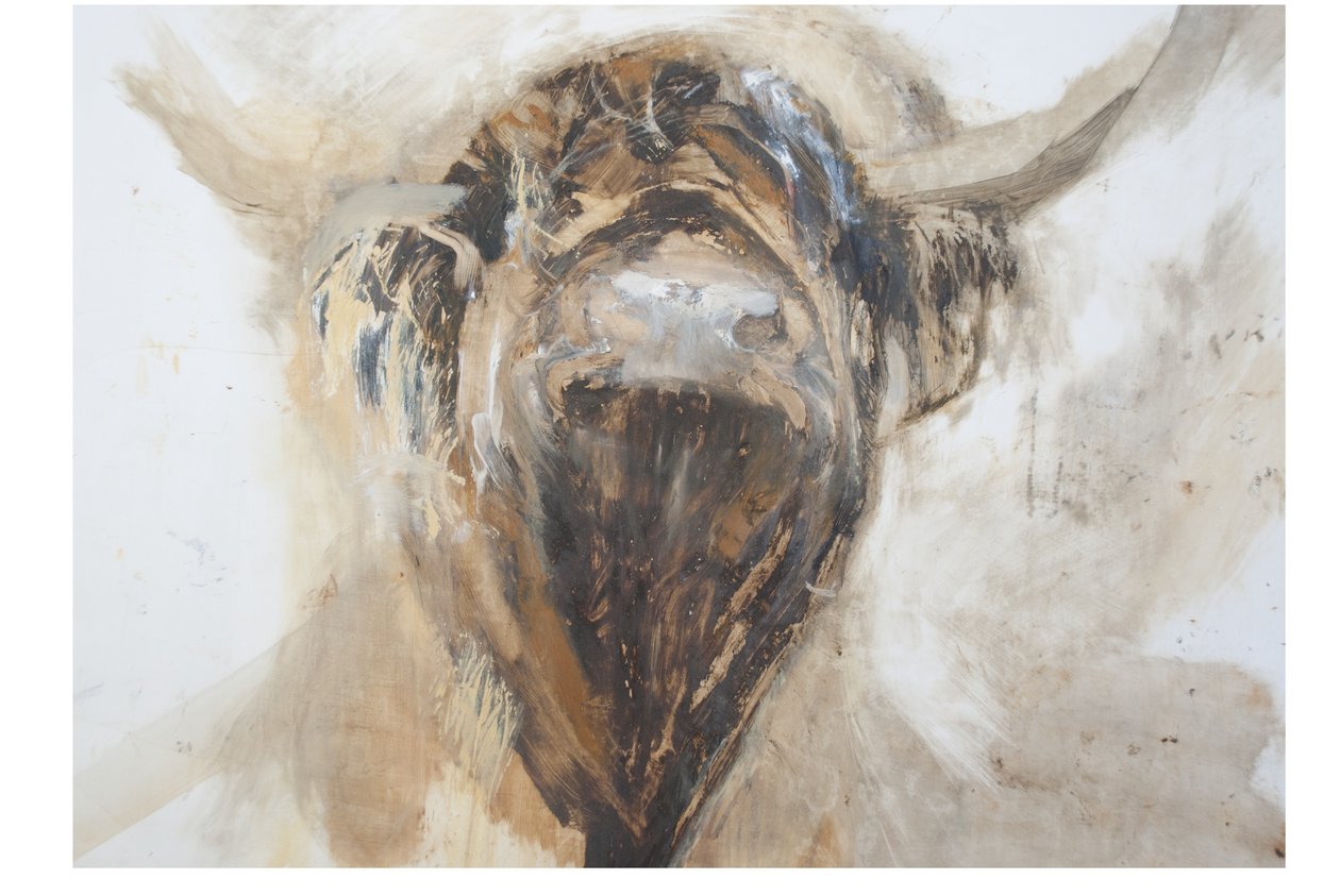 La Vache, Cow, 2015, (olej a smíšená média na gesso na papíře) od Lou Gibbs