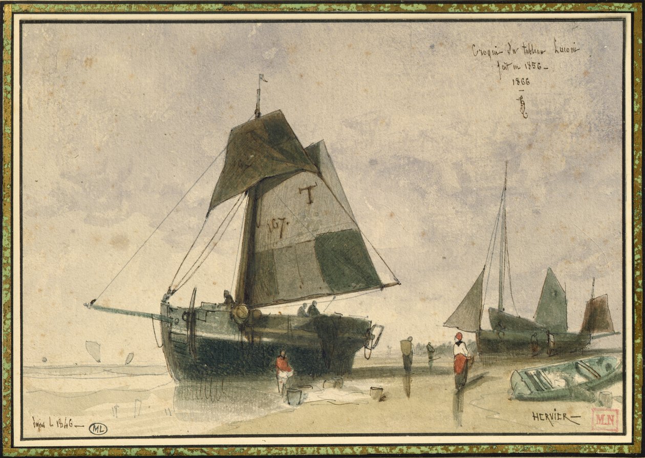 Dvě rybářské lodě, 1856 (pero, inkoust a wc na papíře) od Louis Adolphe Hervier
