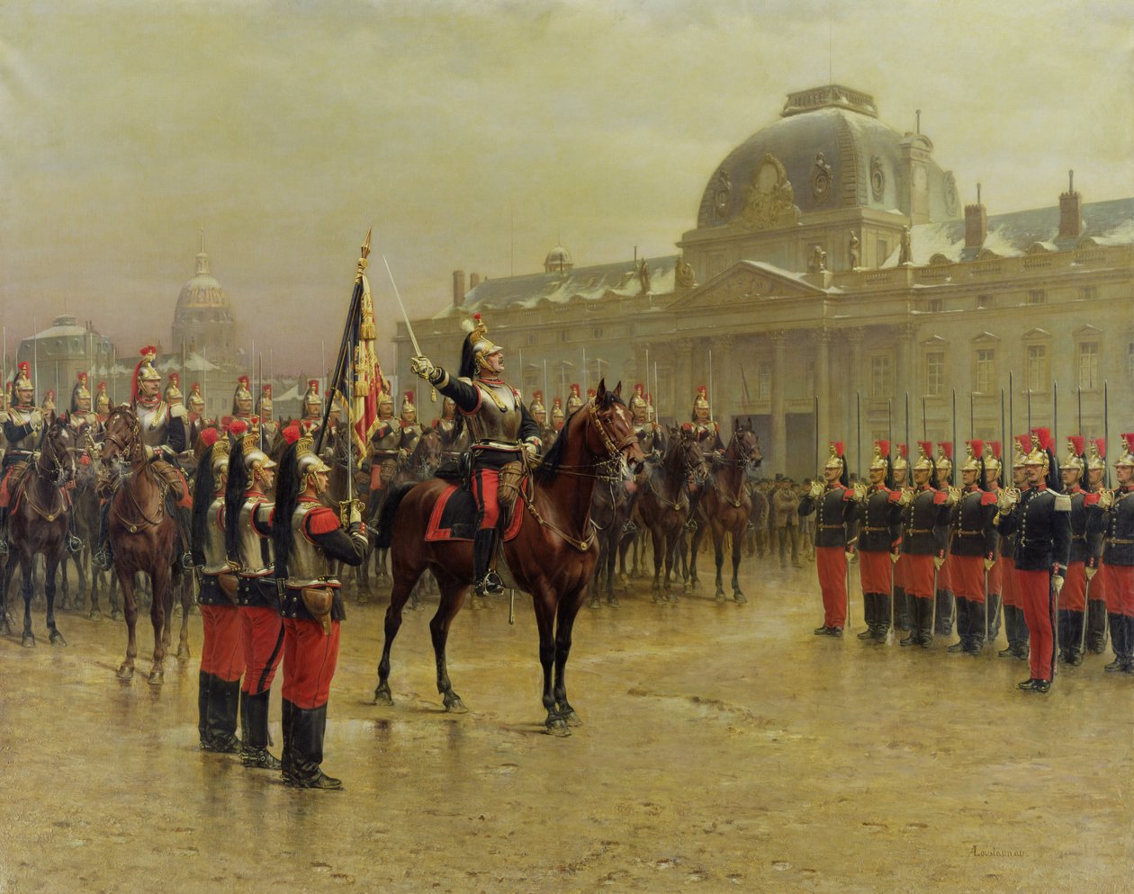 Plukovník de La Rochetulon předkládá rekrutům 6. kavalérie standartu pluku v lednu 1887, kolem roku 1887 od Louis Auguste Georges Loustaunau