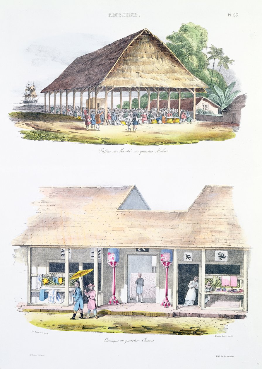 Bazar nebo trh v malajské čtvrti a obchody v čínské čtvrti z „Voyage de l