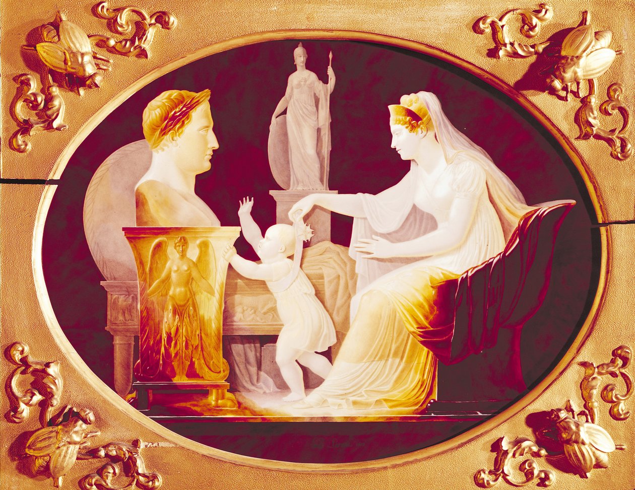 Marie-Louise Rakouská (1791-1847) vedla svého syna se stuhou medaile Čestné legie k bustě Napoleona Bonaparta (1769-1821) 1813 (olej na porcelánu) od Louis Bertin Parant
