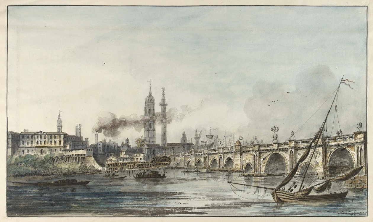 Pohled přes Temži směrem ke kostelu St Magnus a Monument s London Bridge vpravo (pero a černý inkoust s akvarelem a bílou tělovou barvou na světle krémově tkaném papíře) od Louis Bélanger