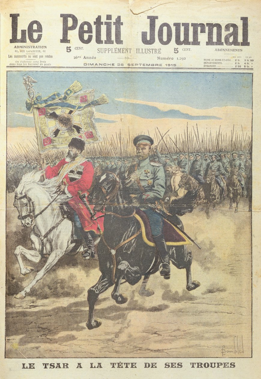 Ruský car Mikuláš II v čele svých vojsk, ilustrace přední obálky z 