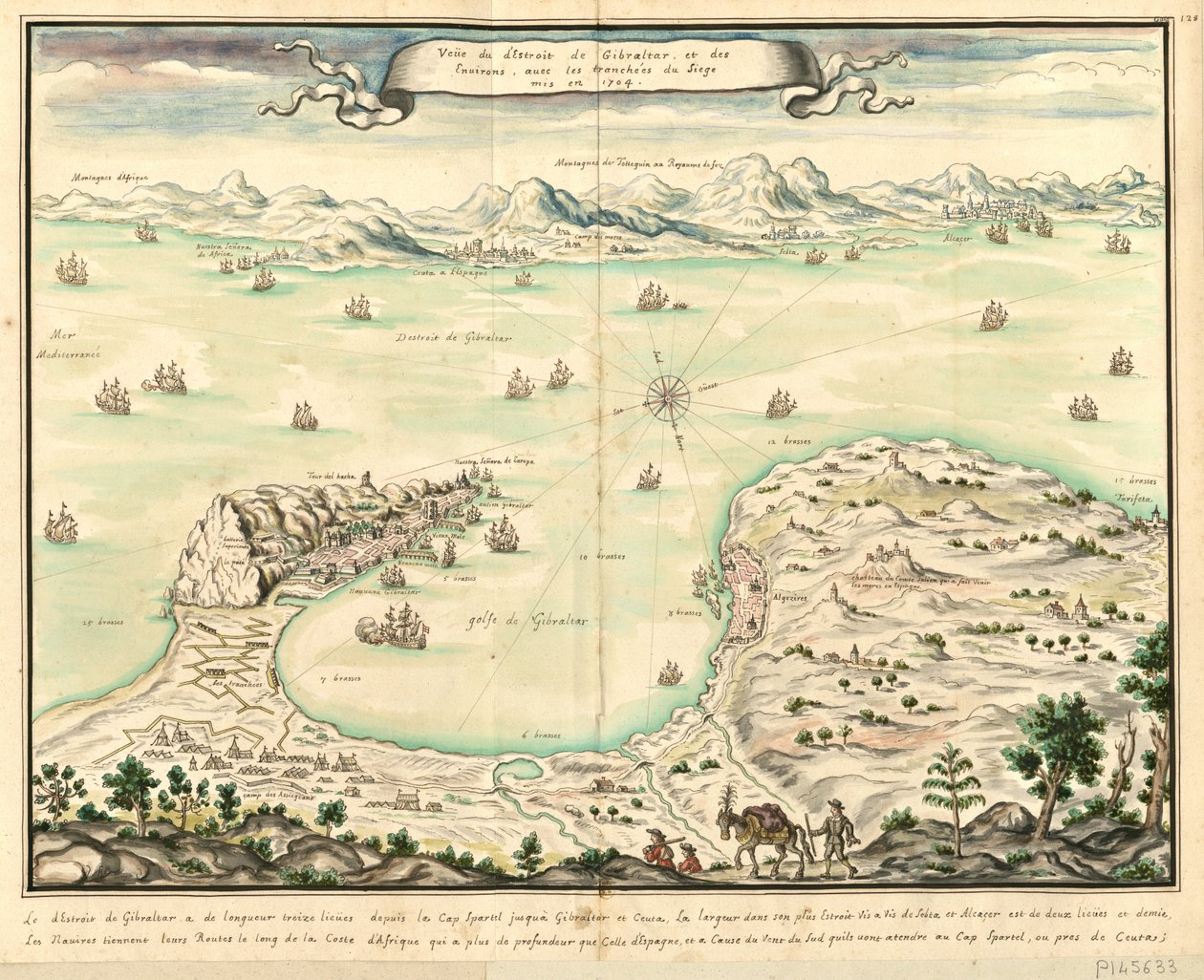 Veuee Gibraltarského průlivu a okolí s příkopy z obléhání v roce 1704 od Louis Boudan
