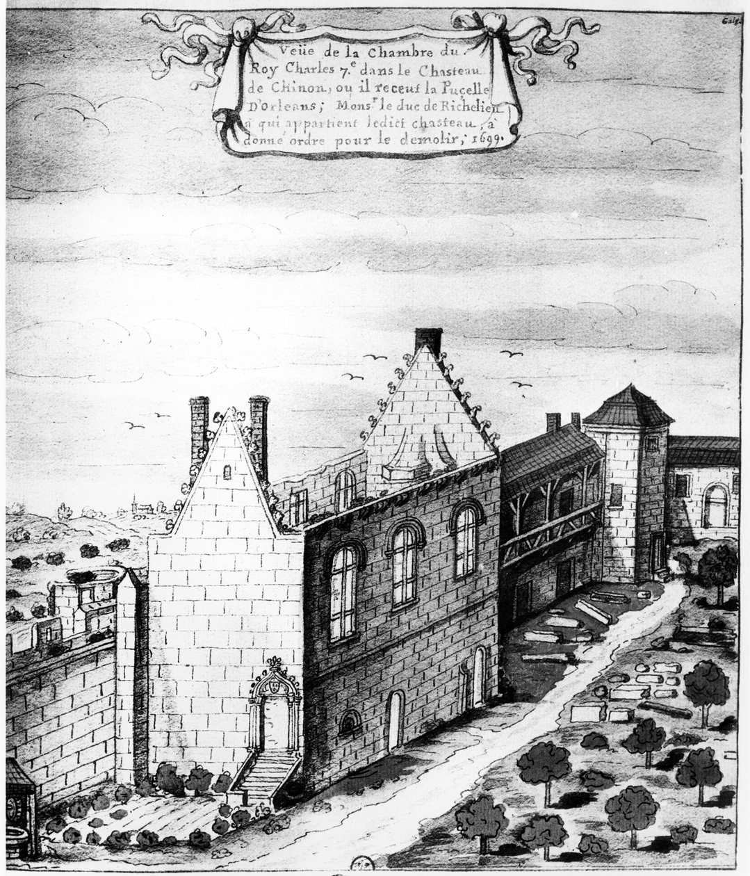Pohled na komnatu na zámku Chinon, kde francouzský král Karel VII. přijal Johanku z Arku v roce 1429: zbořeno na příkaz vévody z Richelieu, 1699 (pero, inkoust a wc na papíře) od Louis Boudan