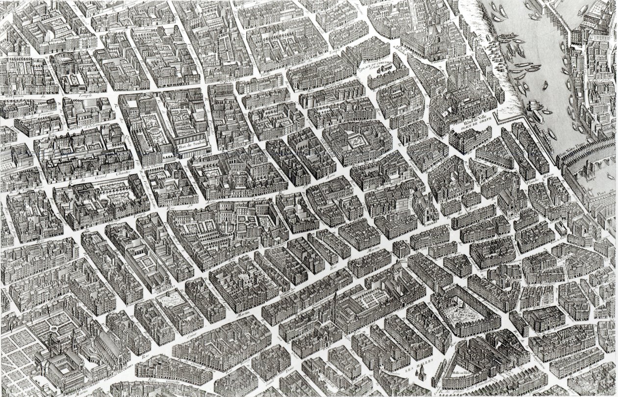 Plán Paříže, známý jako „Plan de Turgot“, vyrytý Claudem Lucasem, 1734-39 (detail) od Louis Bretez
